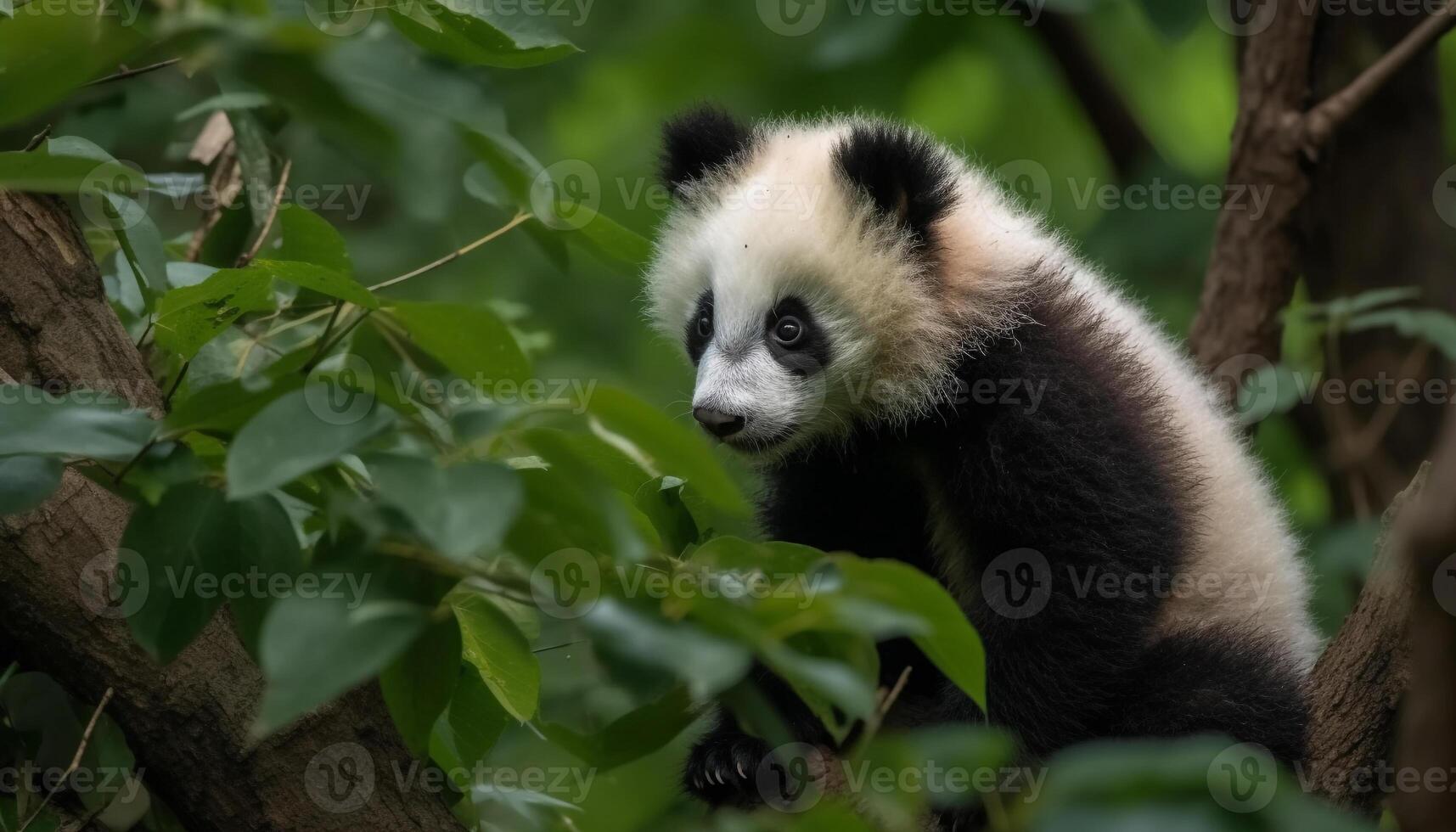 Cute panda sitting on a branch in a tropical rainforest generated by AI photo