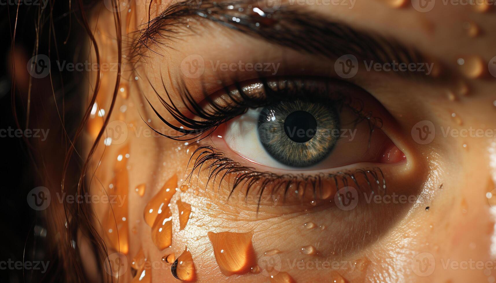 Caucasian woman eye, macro beauty, looking at camera, wet drop generated by AI photo