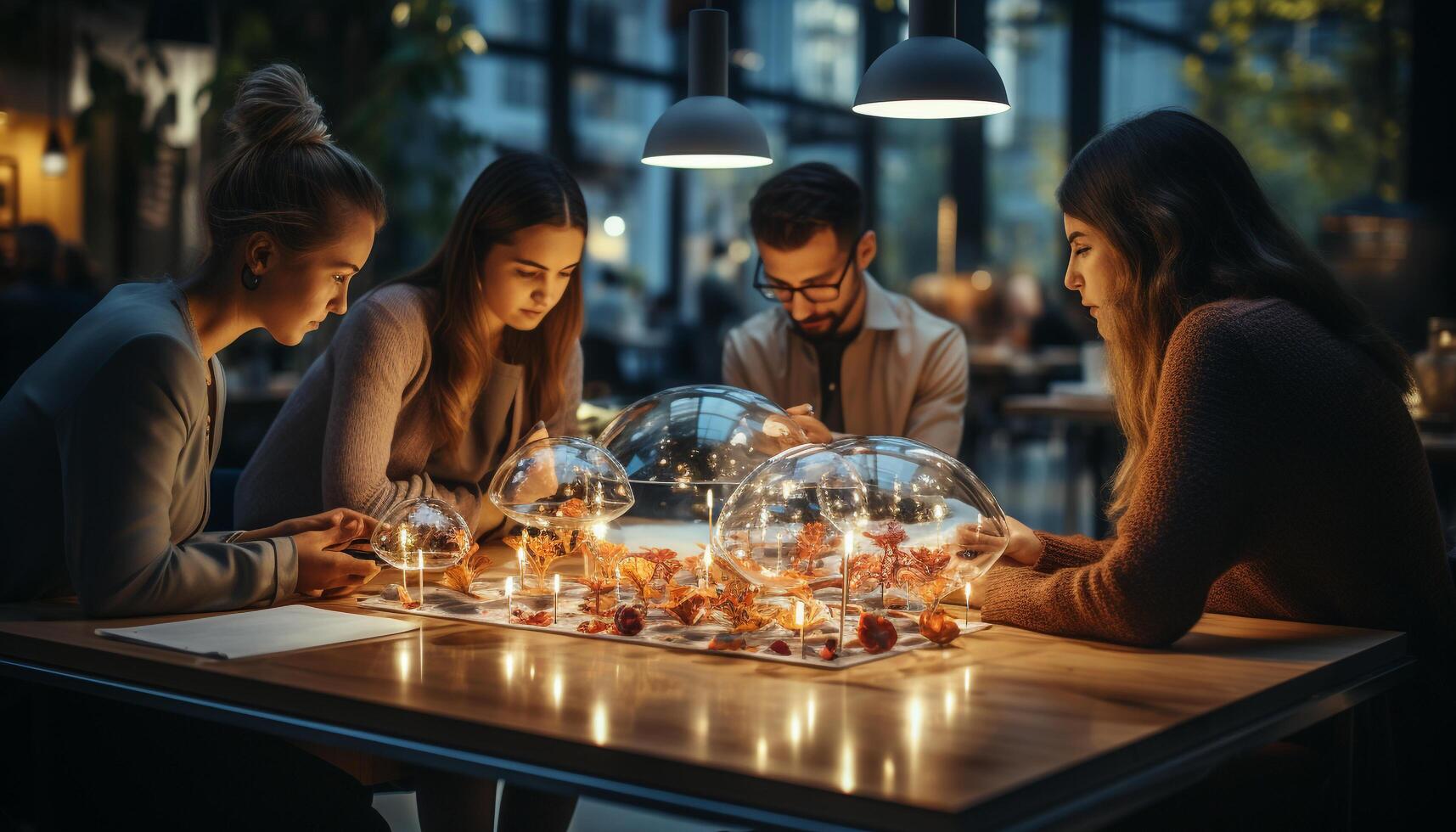 Men and women sitting at table, smiling, enjoying Christmas celebration generated by AI photo