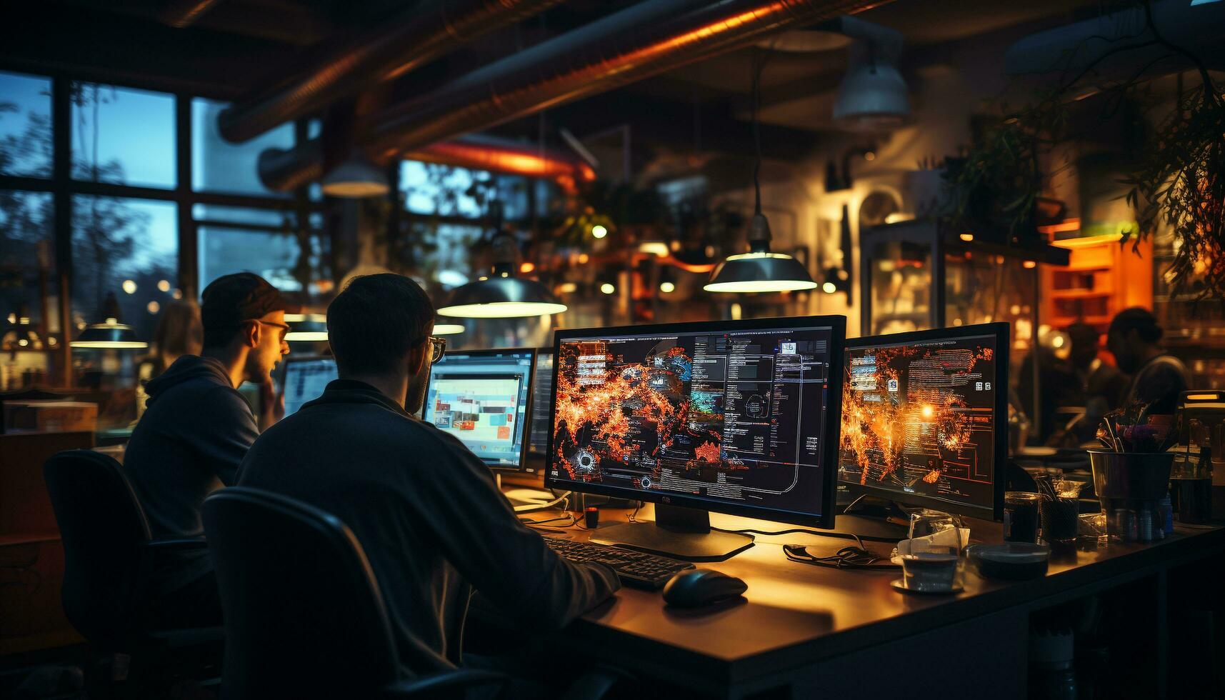 A businessman sitting at a desk, working on a computer generated by AI photo