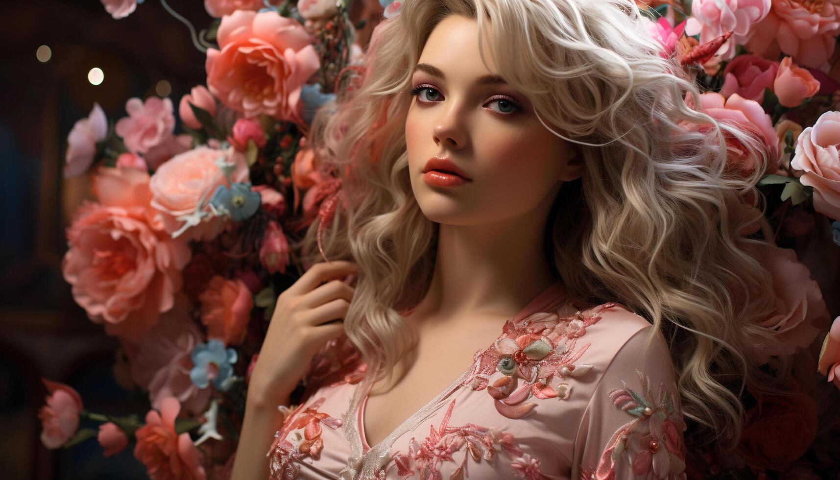 A beautiful blonde woman in a fashionable dress, smiling at camera generated by AI photo