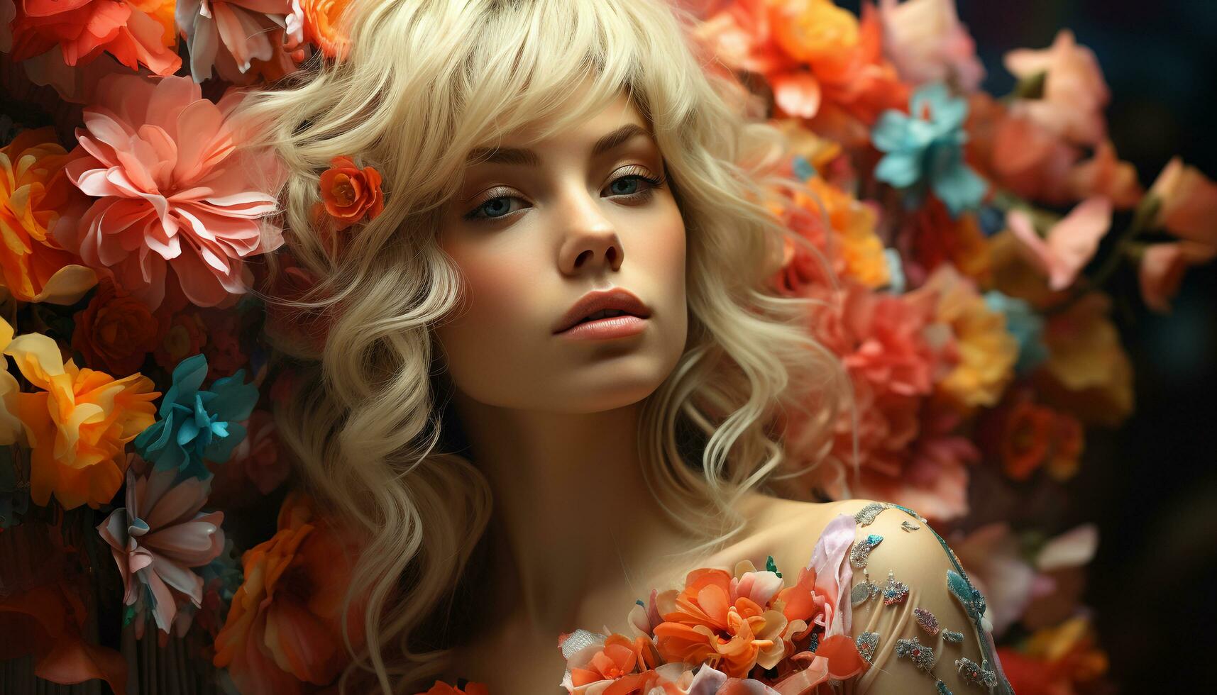 A beautiful blond woman with a flower, looking at the camera generated by AI photo