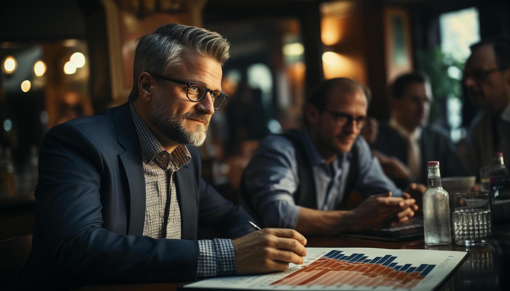 A successful businessman sitting at a table, working on his laptop generated by AI photo