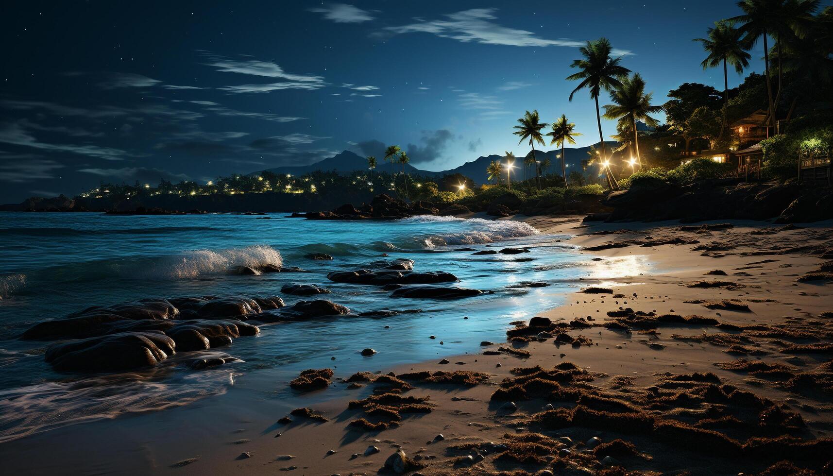 Tranquil scene sunset paints palm tree silhouette on waters edge generated by AI photo