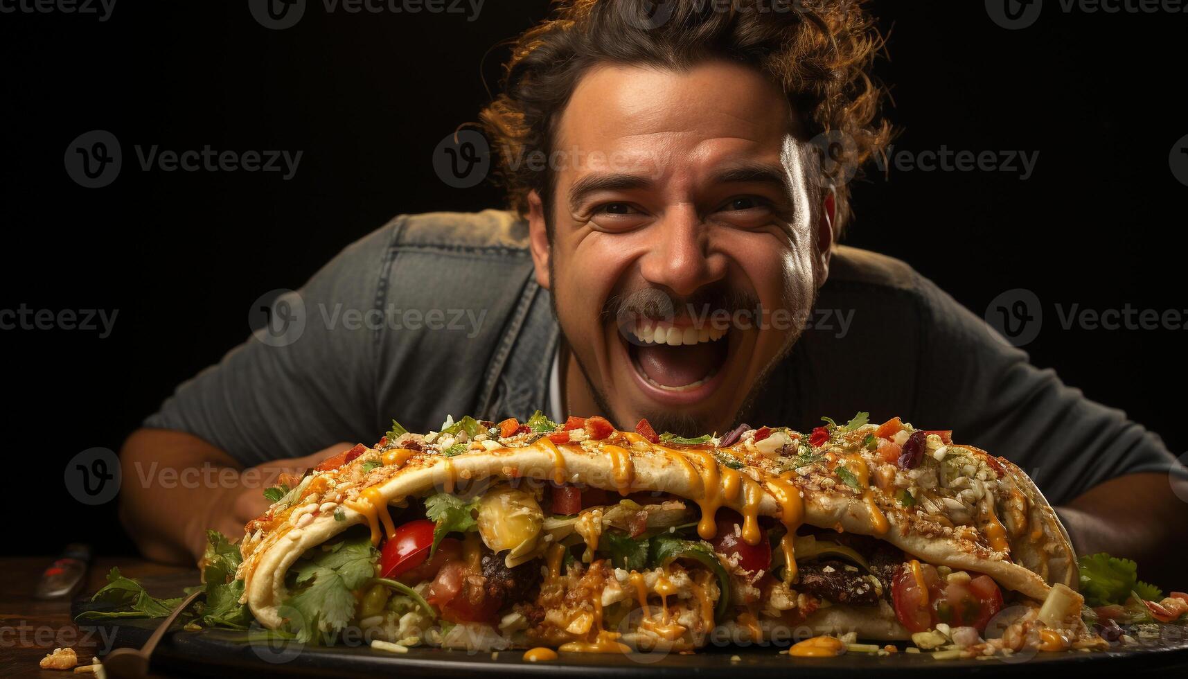 Smiling adults enjoying a gourmet taco meal indoors, looking at camera generated by AI photo