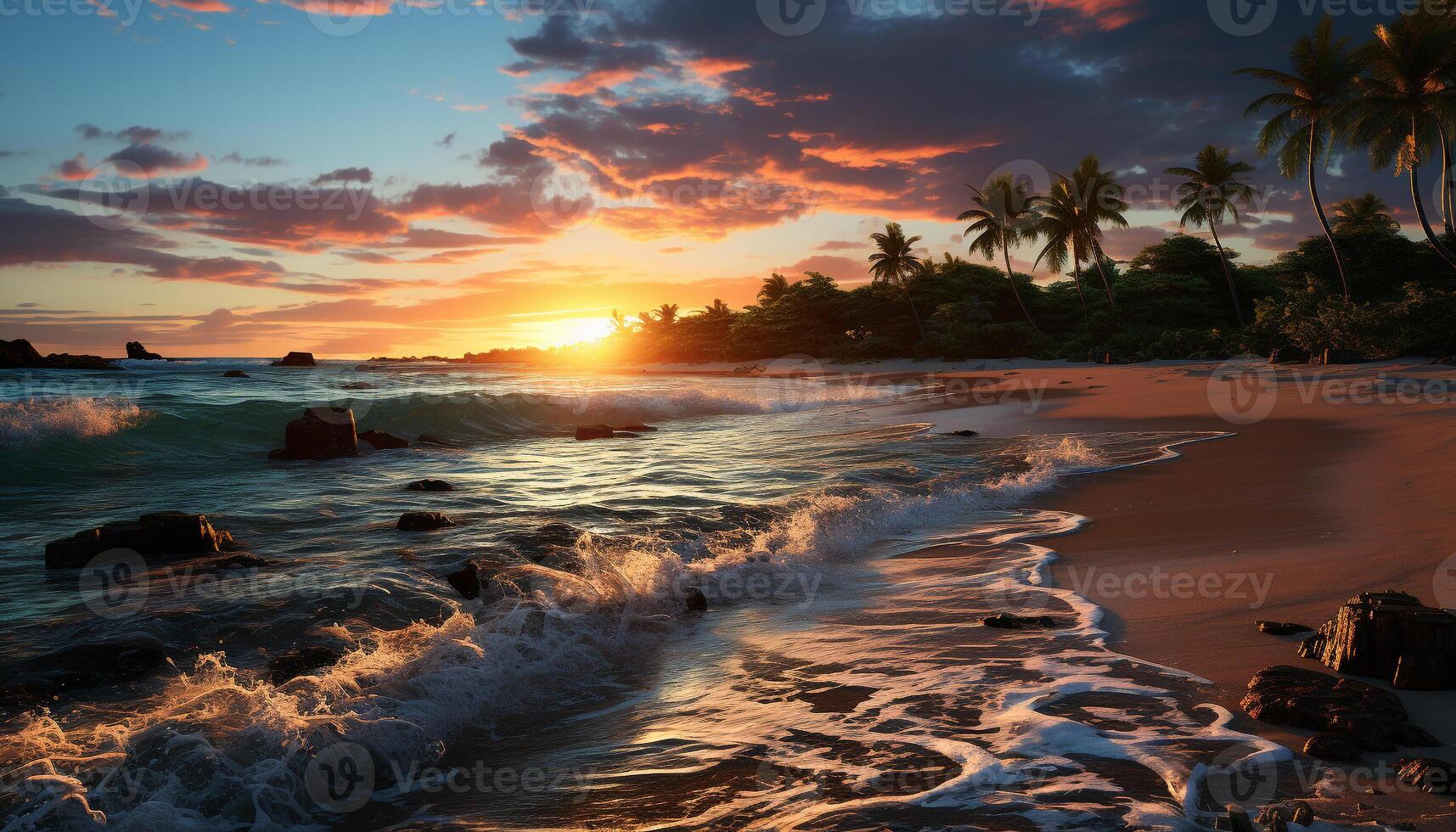 Sunset over the tranquil coastline, reflecting the beauty of nature generated by AI photo