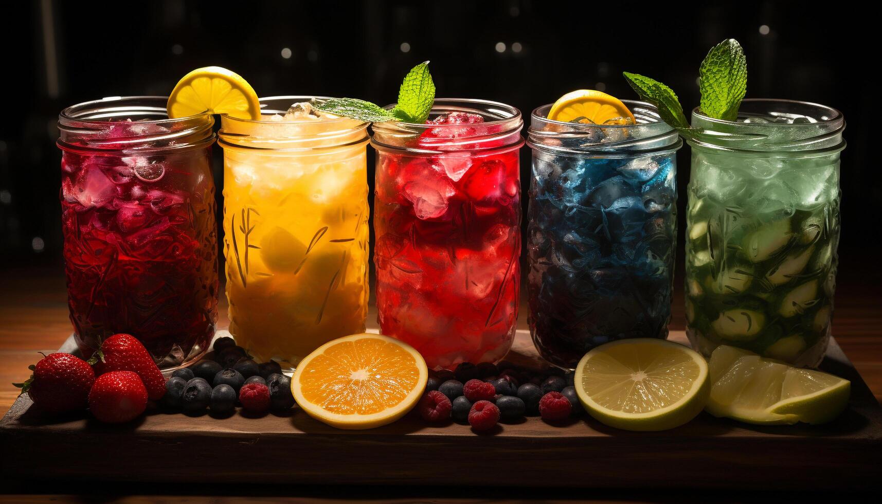 Fresh fruit cocktail with lime and lemon, served on wooden table generated by AI photo