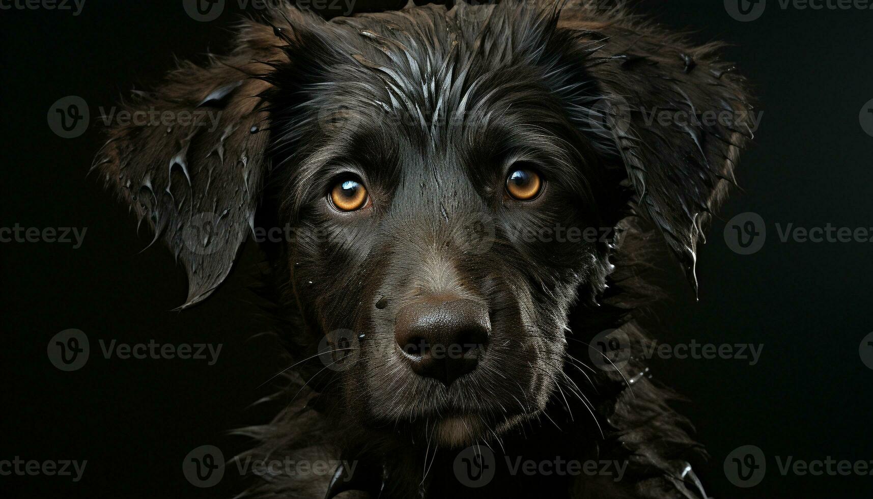 Cute puppy sitting, looking at camera, wet fur, loyal friend generated by AI photo