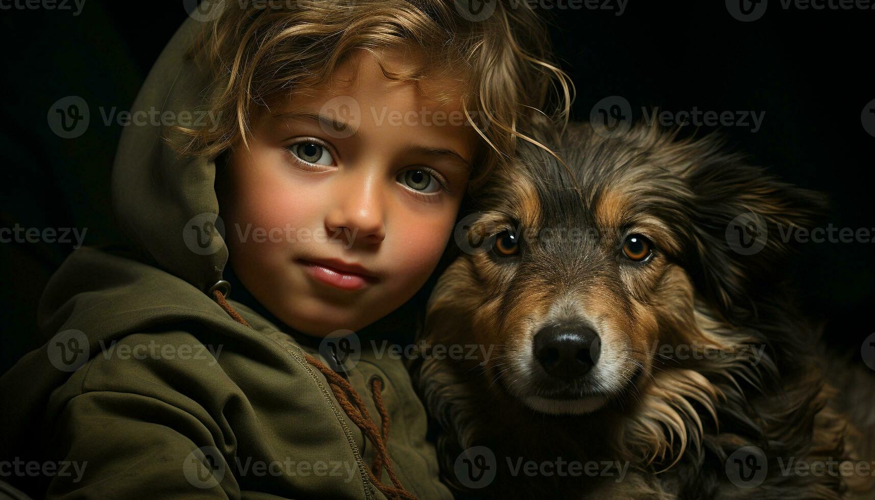 A cute dog and child smiling, a purebred friendship portrait generated by AI photo