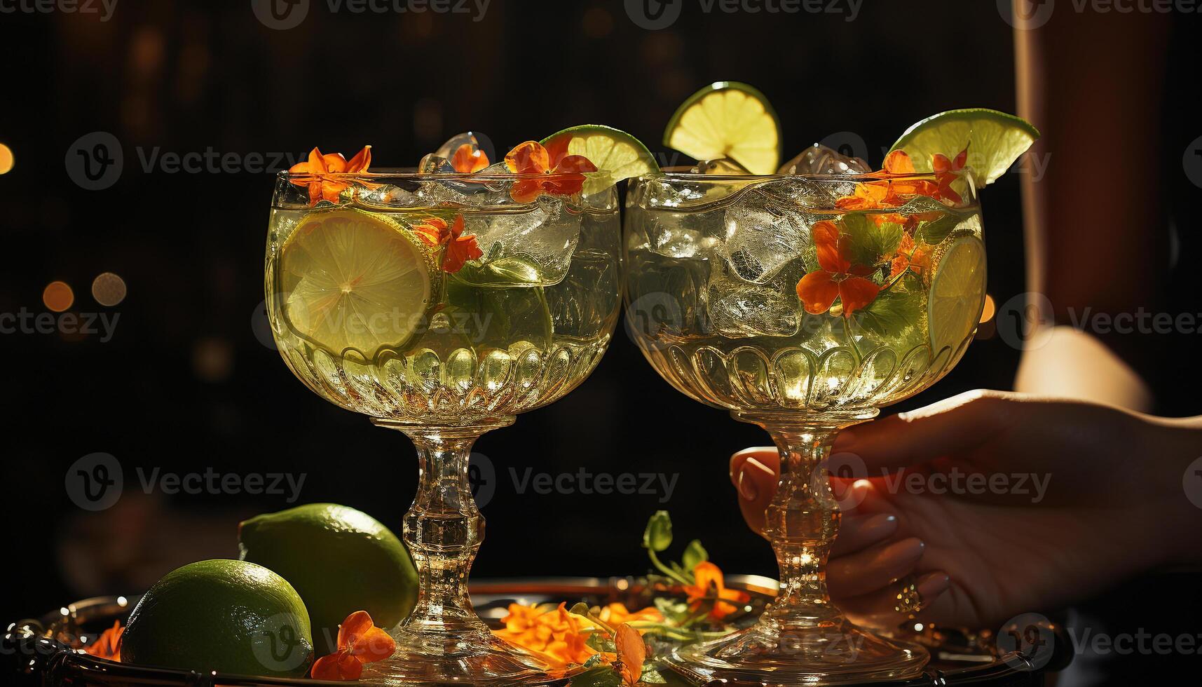 Refreshing cocktail with citrus fruits, ice, and a slice of orange generated by AI photo