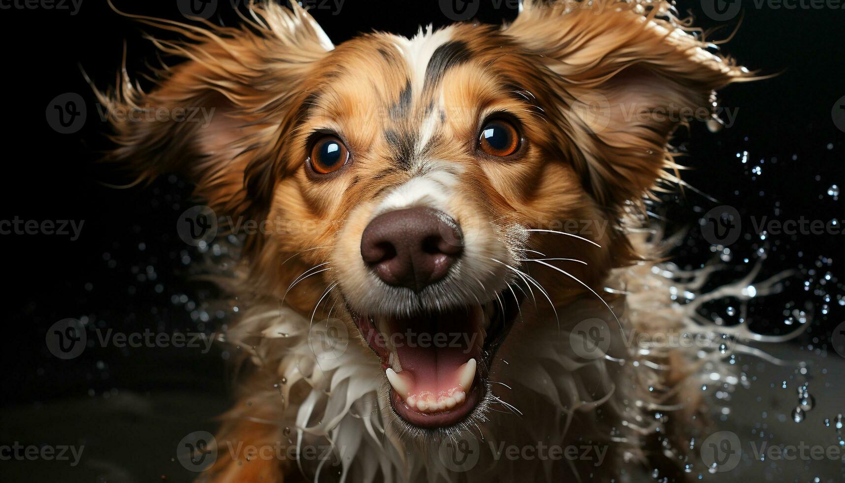 Cute puppy sitting, wet fur, looking at camera, playful nature generated by AI photo