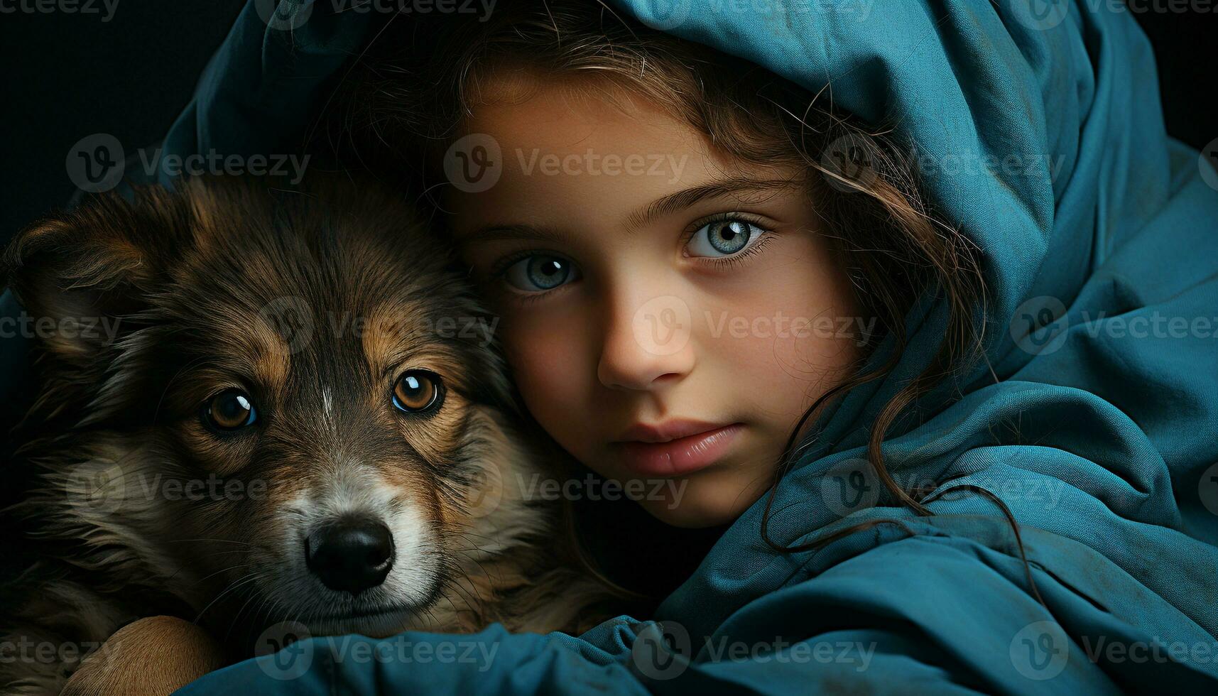 A cute puppy and a smiling girl, pure friendship and love generated by AI photo