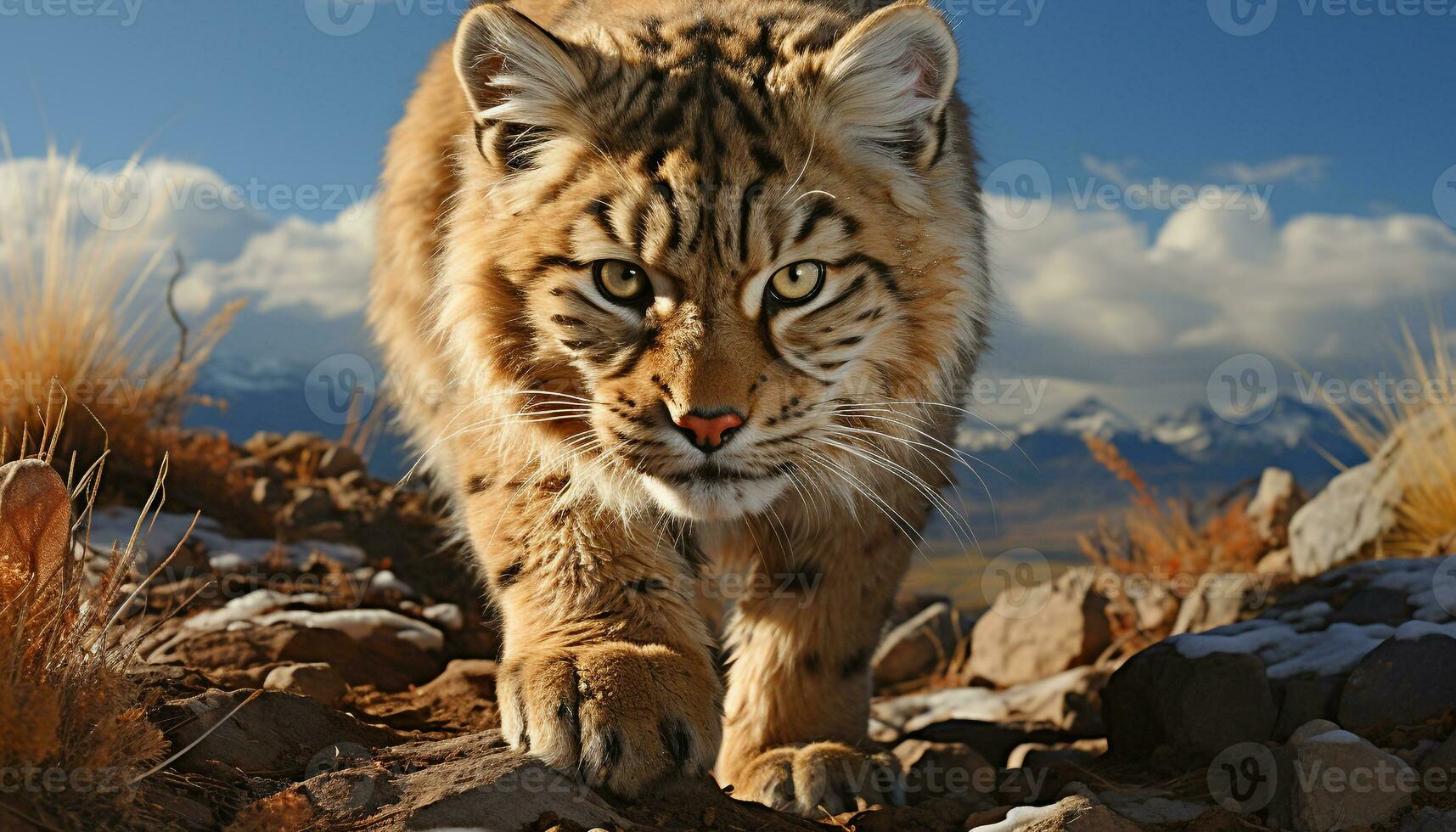 majestuoso tigre, a rayas pelo, peligro en desierto, curioso a cámara generado por ai foto