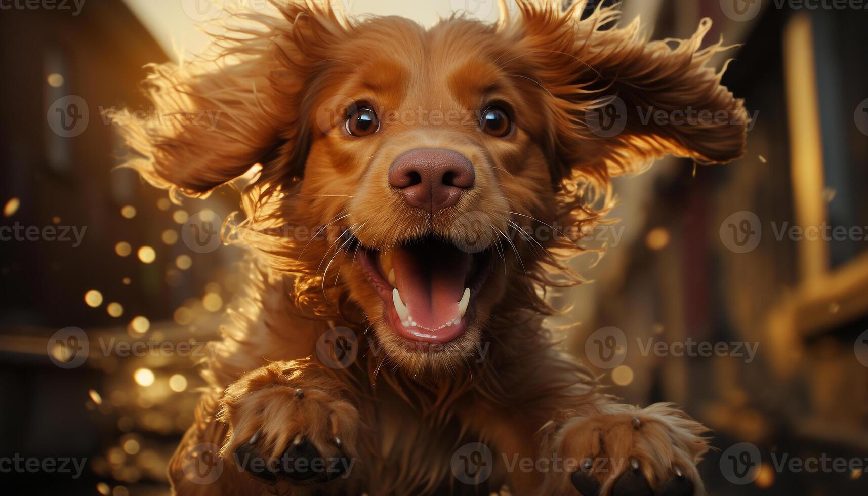 Cute puppy, wet fur, sitting, playful, looking at camera, smiling generated by AI photo