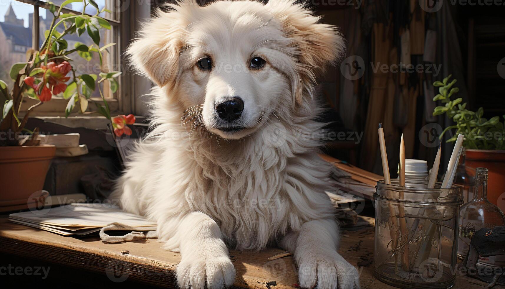 A cute puppy sitting on a table, looking at the camera generated by AI photo