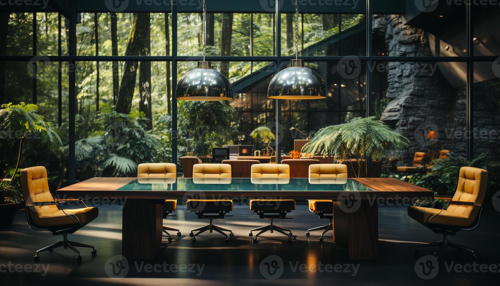 Modern office with wooden desk, chair, and plant a place of work generated by AI photo