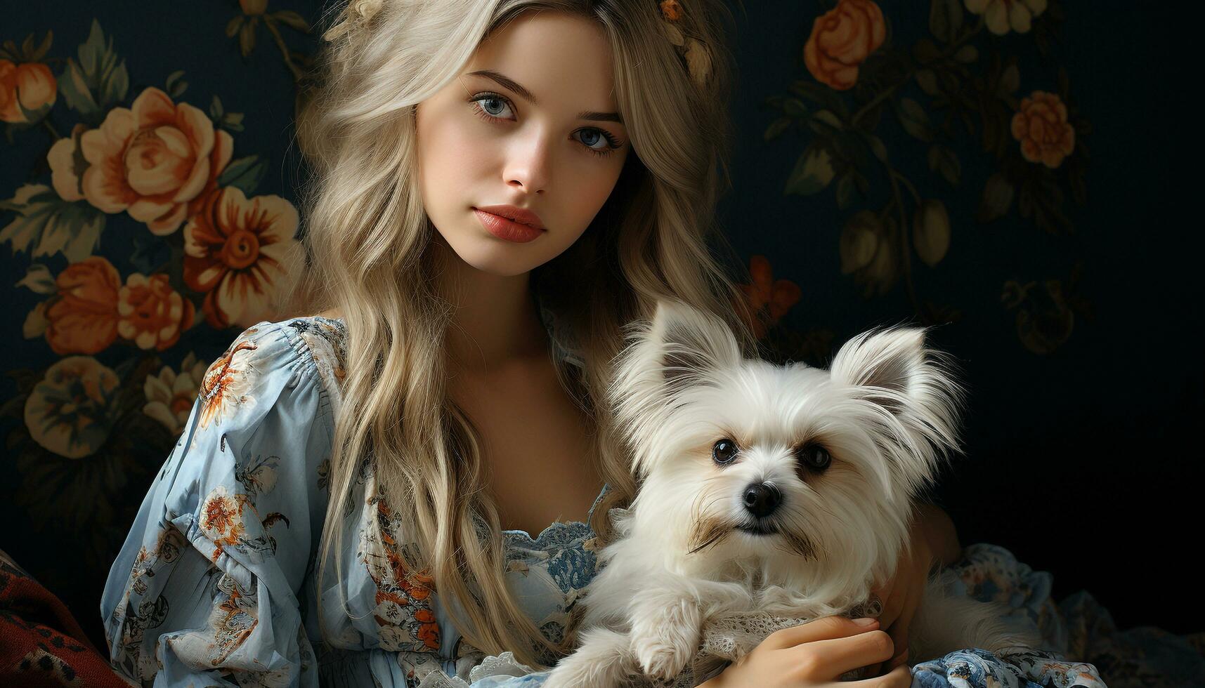 A cute dog, a woman, and a small portrait of beauty generated by AI photo