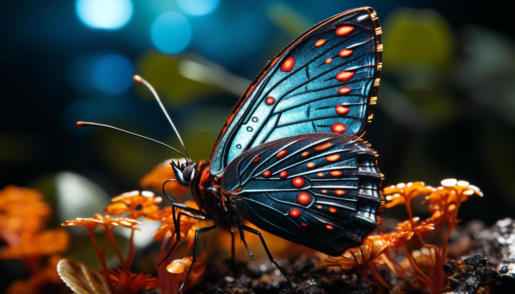 A vibrant butterfly wing showcases nature beauty in multi colored patterns generated by AI photo