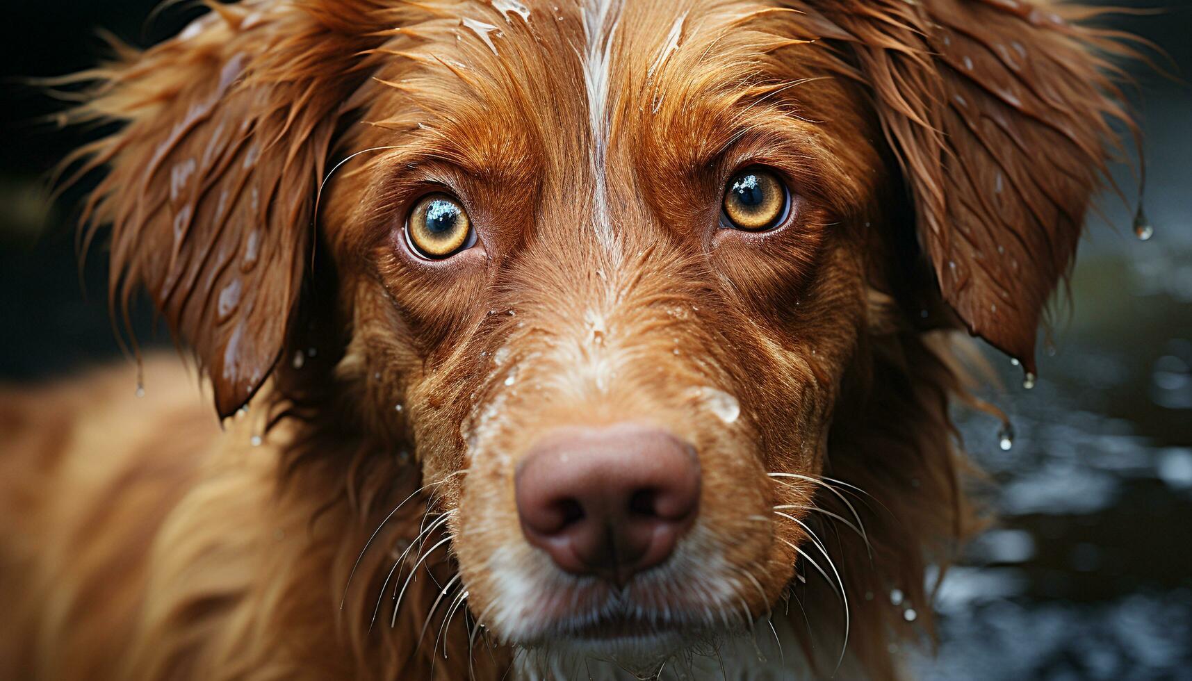 Cute puppy, wet fur, playful, looking at camera, outdoors generated by AI photo