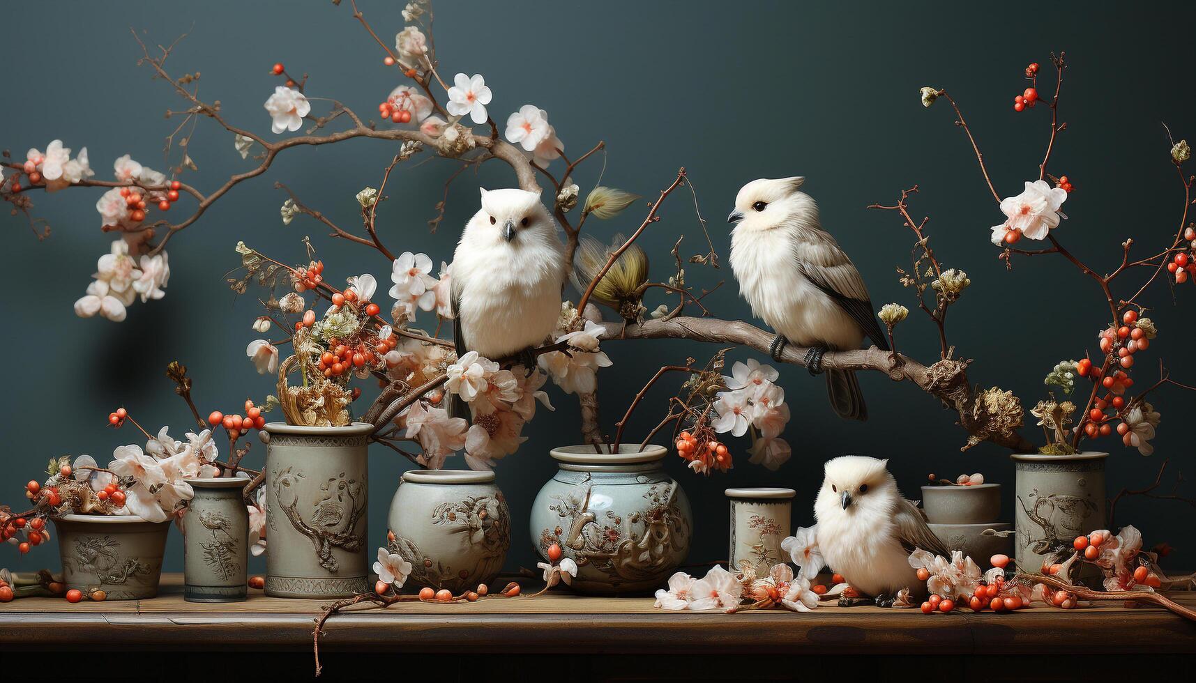 A cute animal nest on a branch, symbolizing love and family generated by AI photo