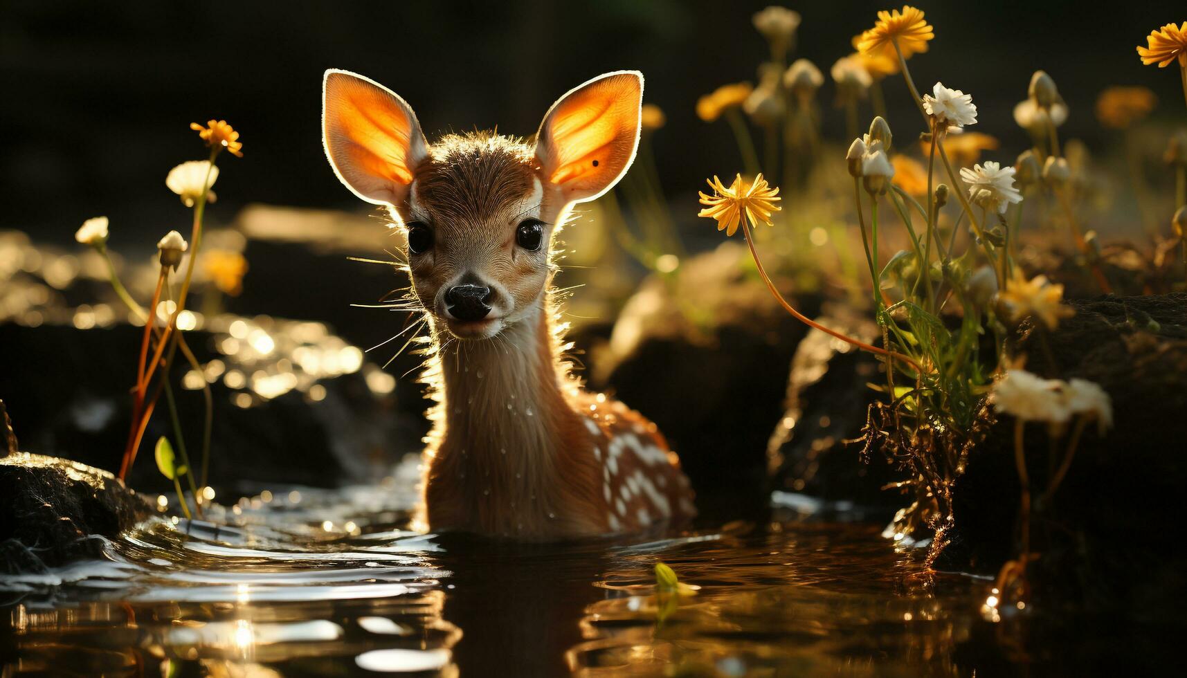 Young deer in the meadow, looking at camera, surrounded by nature generated by AI photo