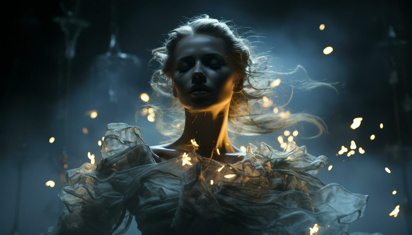 A young adult woman, glowing in the dark, a fantasy generated by AI photo