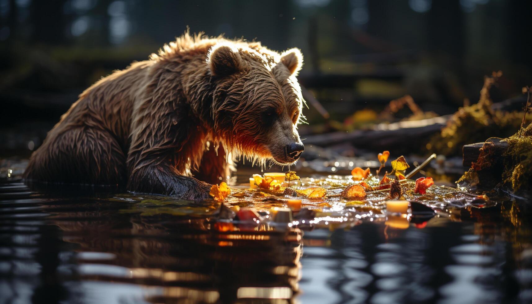 A majestic tiger gazes into the pond, surrounded by autumn generated by AI photo