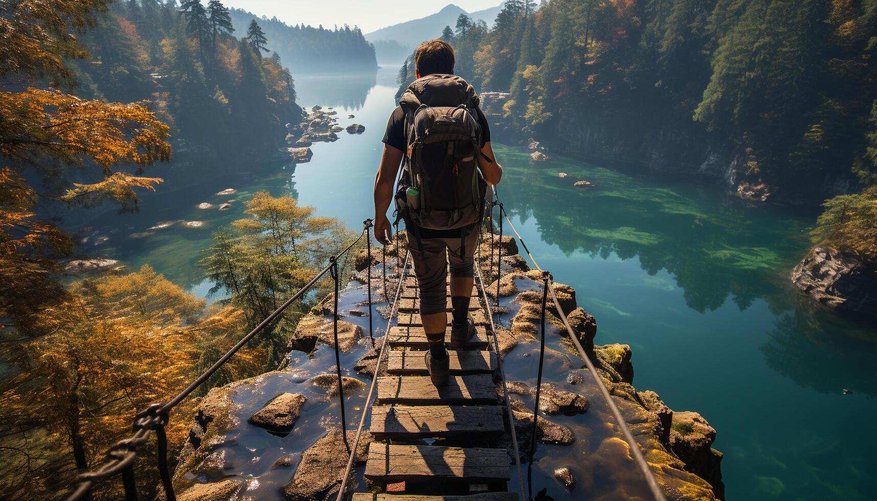 A man hiking in the mountain, exploring nature tranquil beauty generated by AI photo