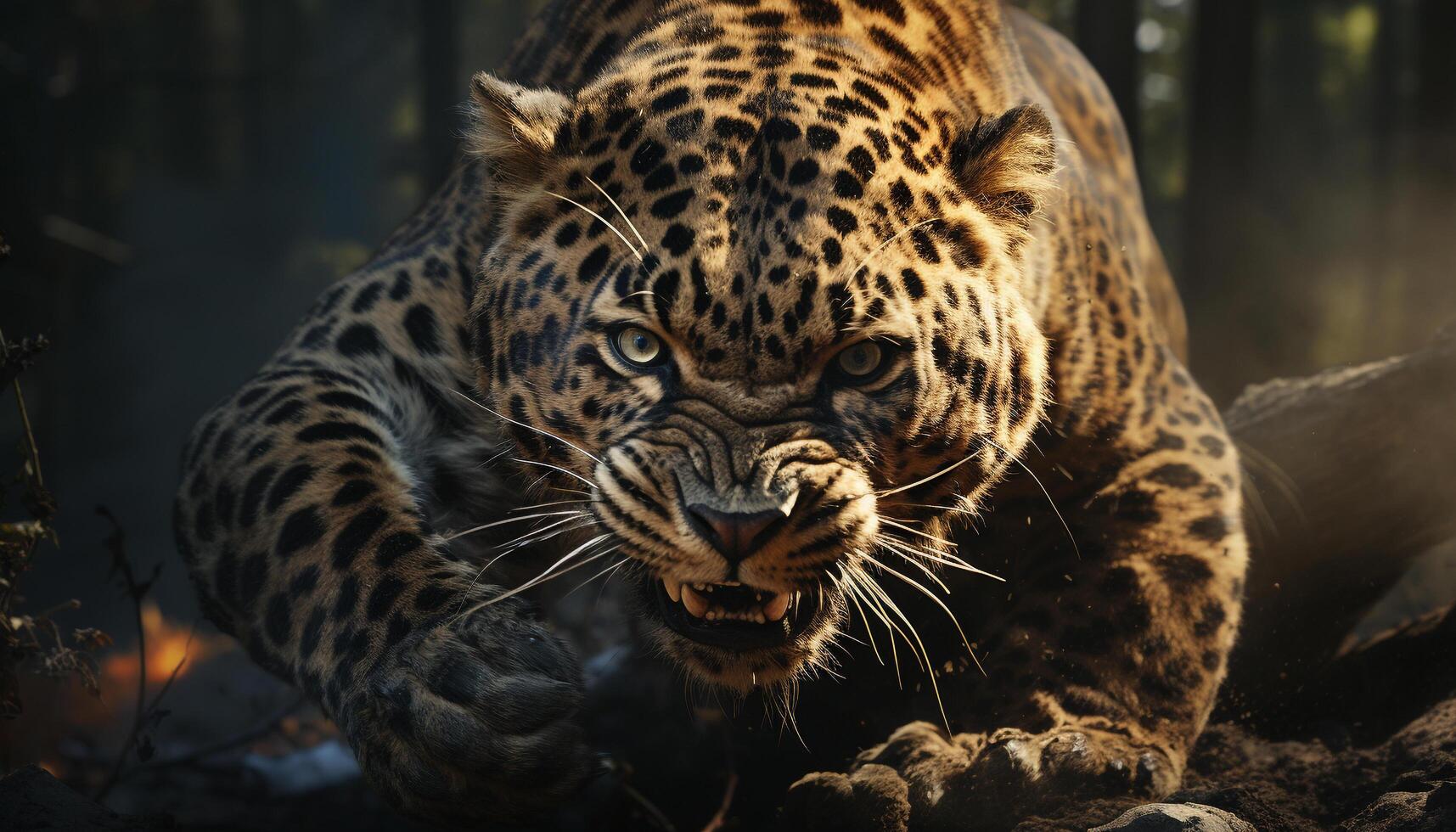 Majestic big cat walking in the wilderness, staring with tranquility generated by AI photo