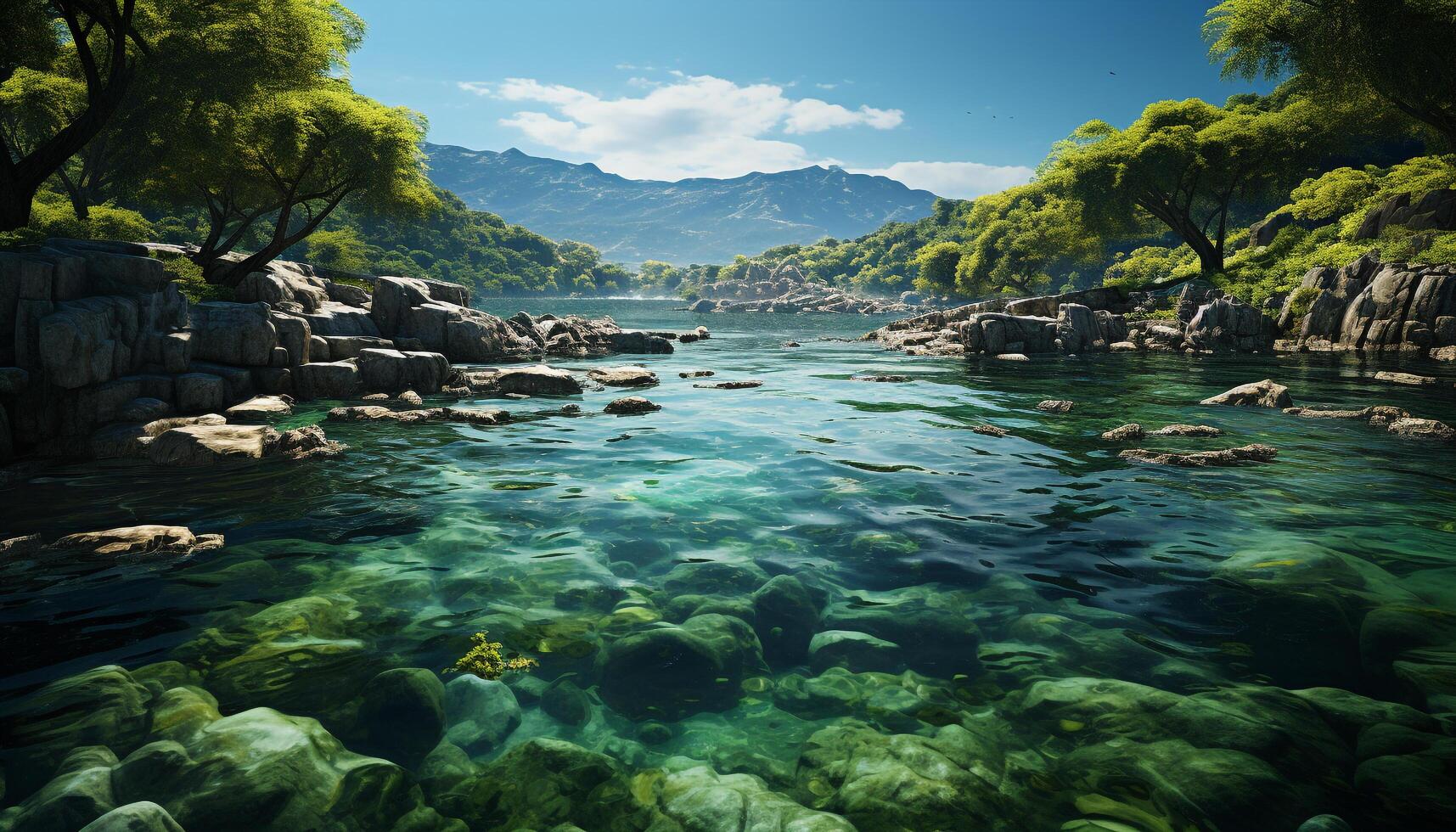 Tranquil scene blue mountain peak reflects in calm water generated by AI photo