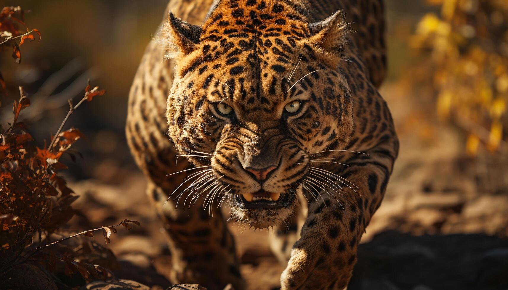 Majestic tiger walking in the wild, eyes focused on camera generated by AI photo