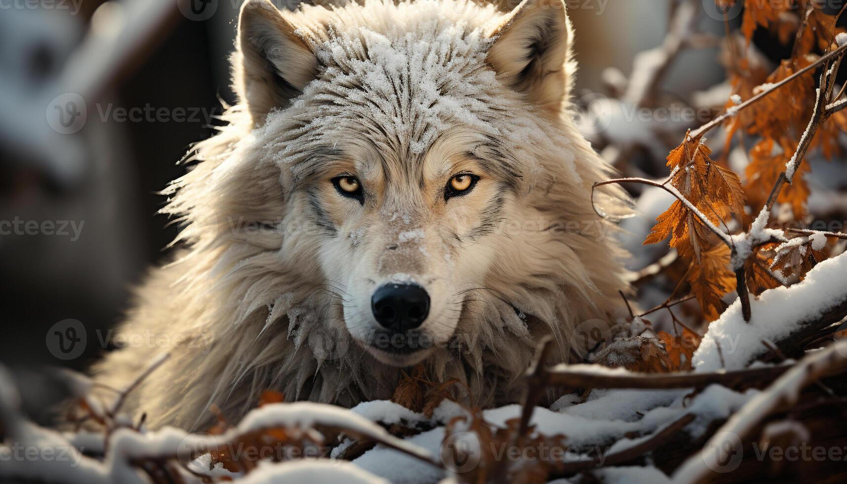 majestuoso gris lobo en Nevado bosque, ojos enfocado en presa generado por ai foto