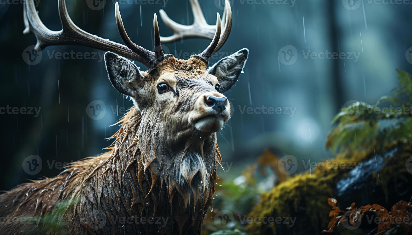 A majestic stag gazes at the tranquil pond in autumn generated by AI photo