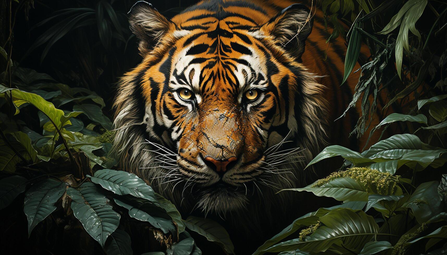 Majestic tiger, fierce and wild, hides in tropical rainforest generated by AI photo