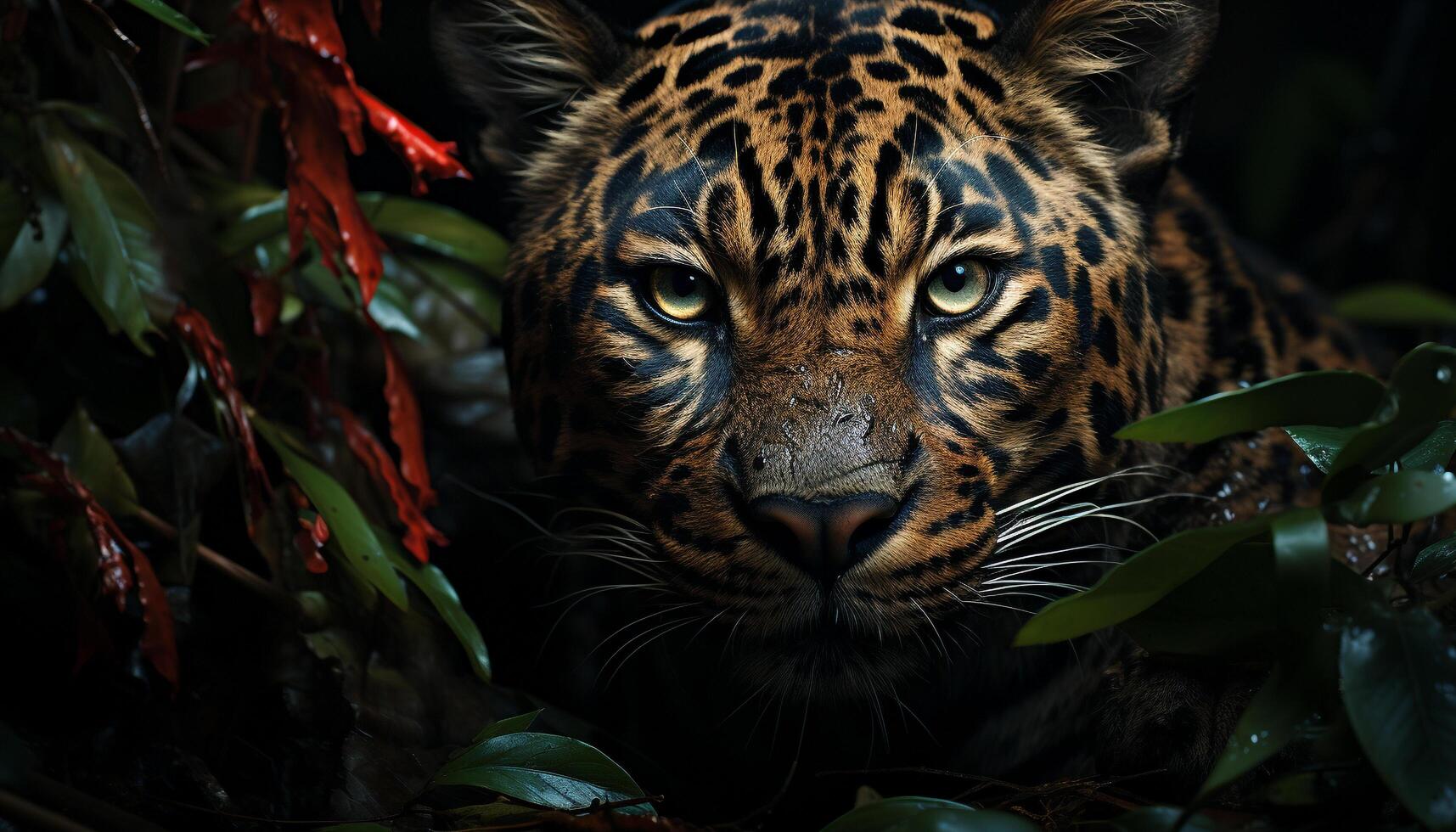 Majestic Bengal tiger staring, wild beauty in nature, striped fur generated by AI photo