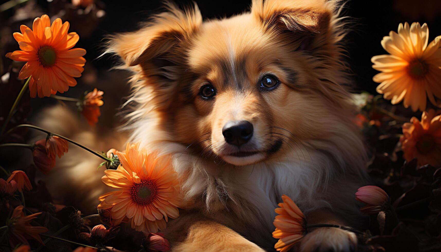Cute puppy sitting in grass, looking at yellow flower generated by AI photo