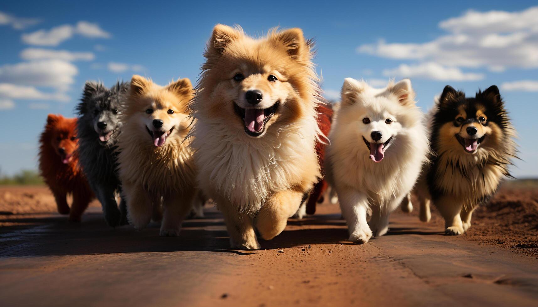 A playful group of cute puppies running in the grass generated by AI photo