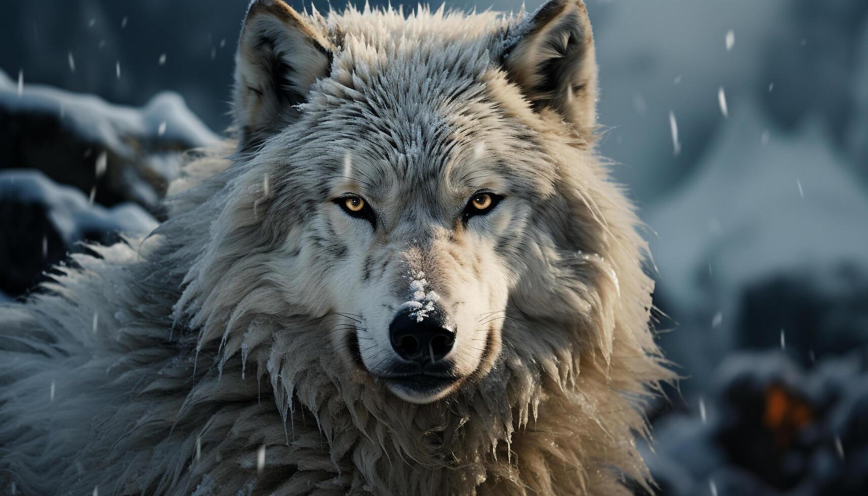 A majestic wolf in the snowy forest, gazing into the camera generated by AI photo