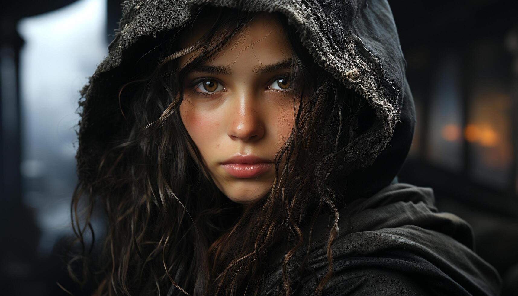 Young woman with wet hair, looking at camera, exuding confidence generated by AI photo