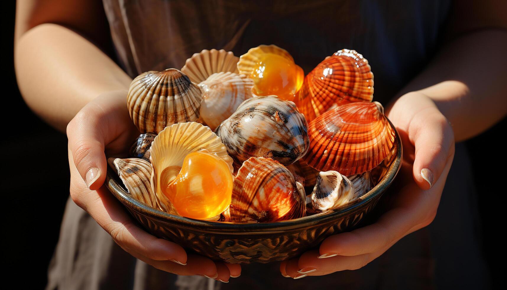 Hand holding seashell, summer vacations, nature beauty, coastal relaxation generated by AI photo