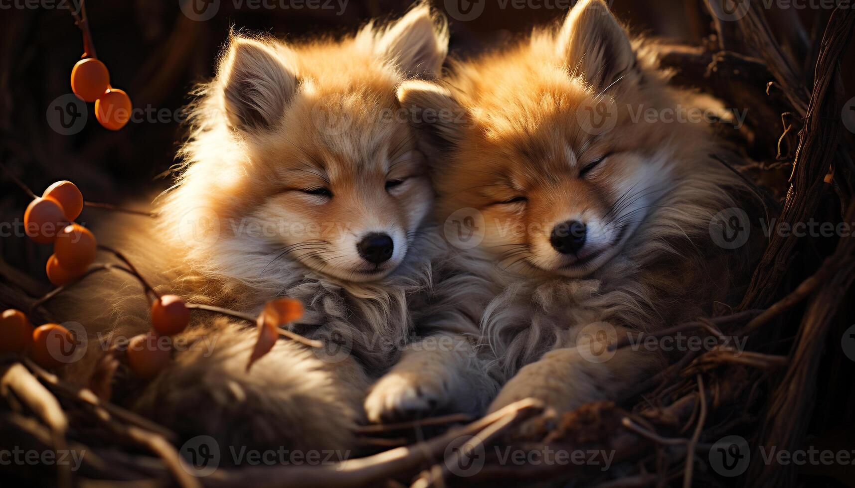 Cute puppy playing in the grass, eyes closed, fluffy fur generated by AI photo