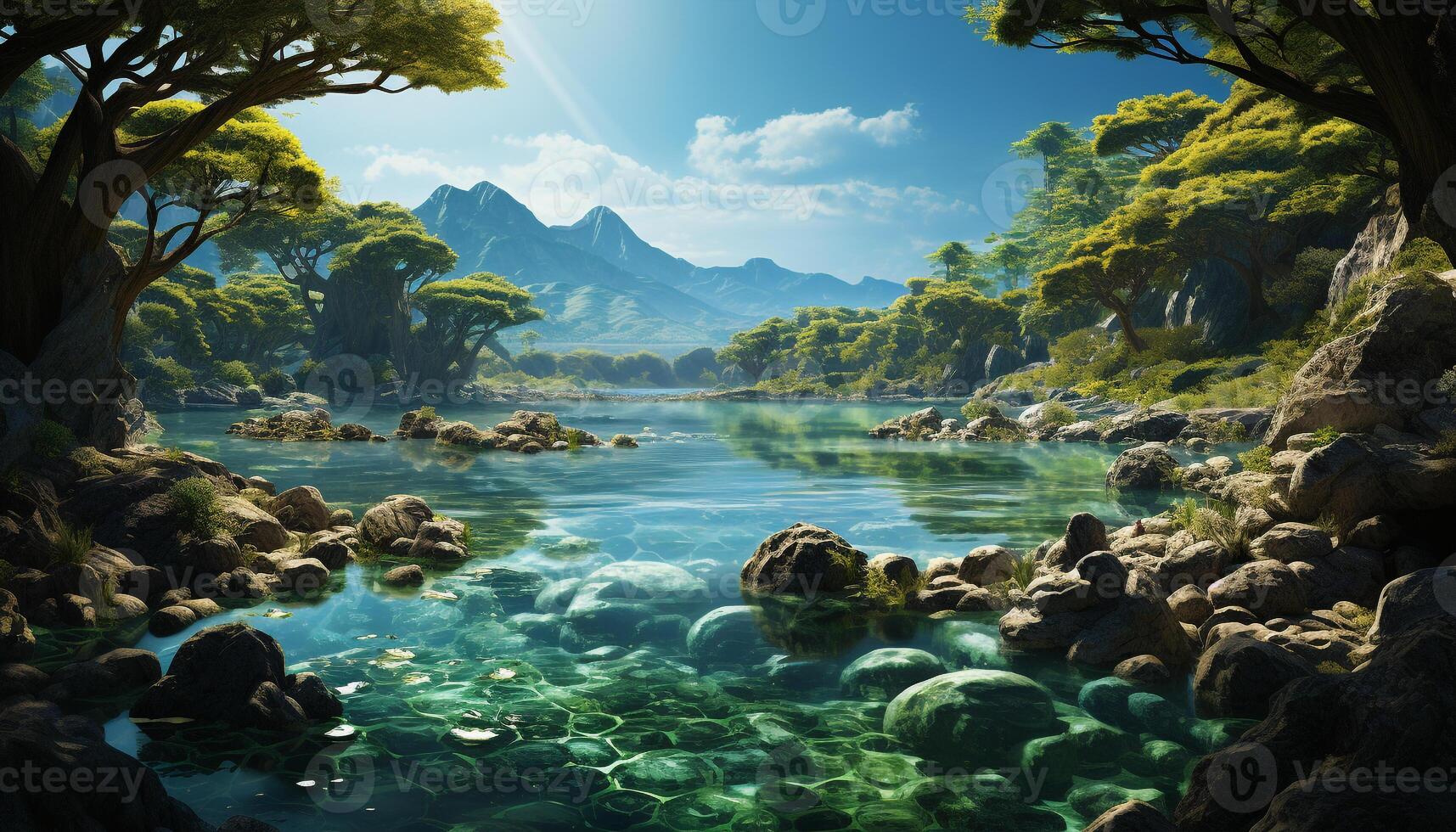 Tranquil scene mountain peak reflects in pond, surrounded by green forest generated by AI photo