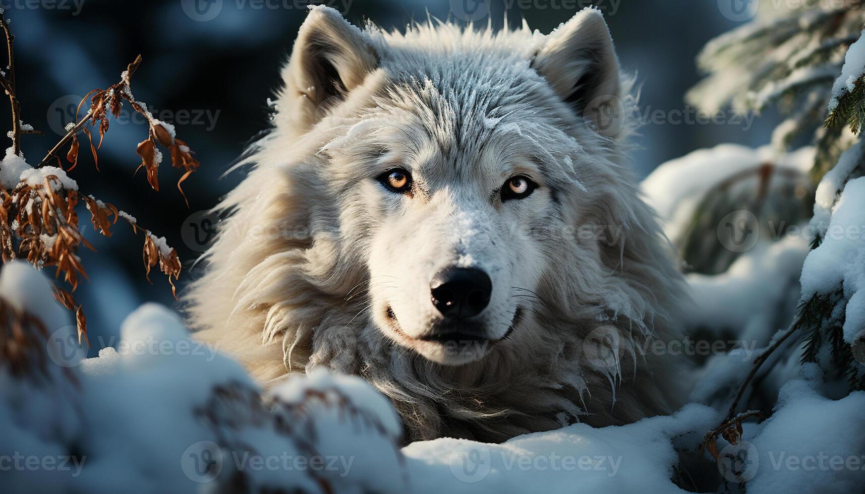 Cute puppy sitting in the snow, looking at the camera generated by AI photo