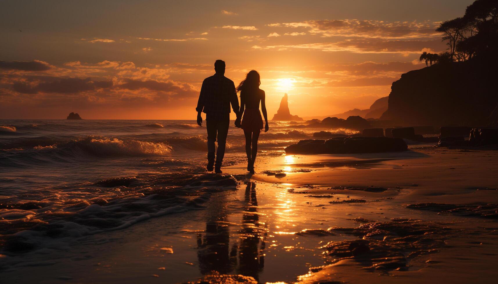 A couple walks on the beach, embracing love and togetherness generated by AI photo