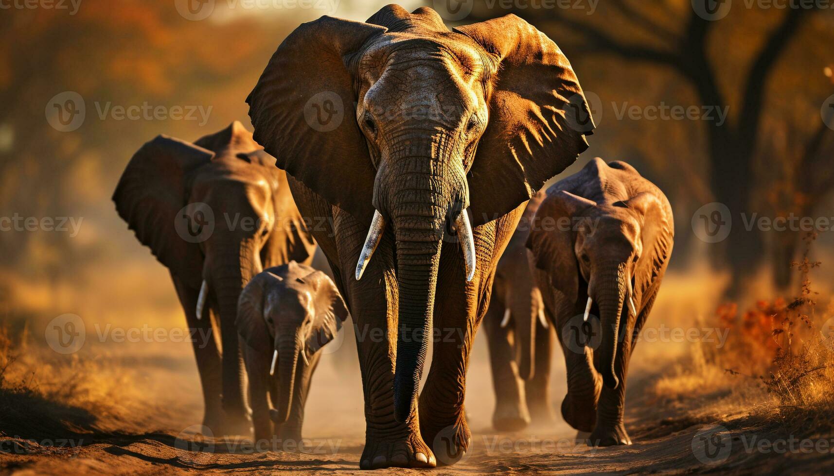 Elephants roam, majestic in African wilderness, under the setting sun generated by AI photo