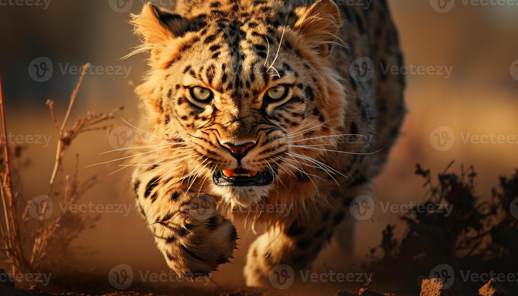 Majestic tiger walking in grass, staring, beauty in nature generated by AI photo