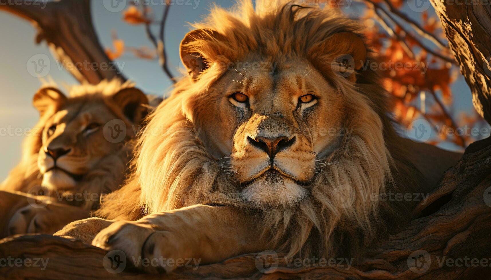 Majestic lioness resting in the African wilderness, beauty in nature generated by AI photo