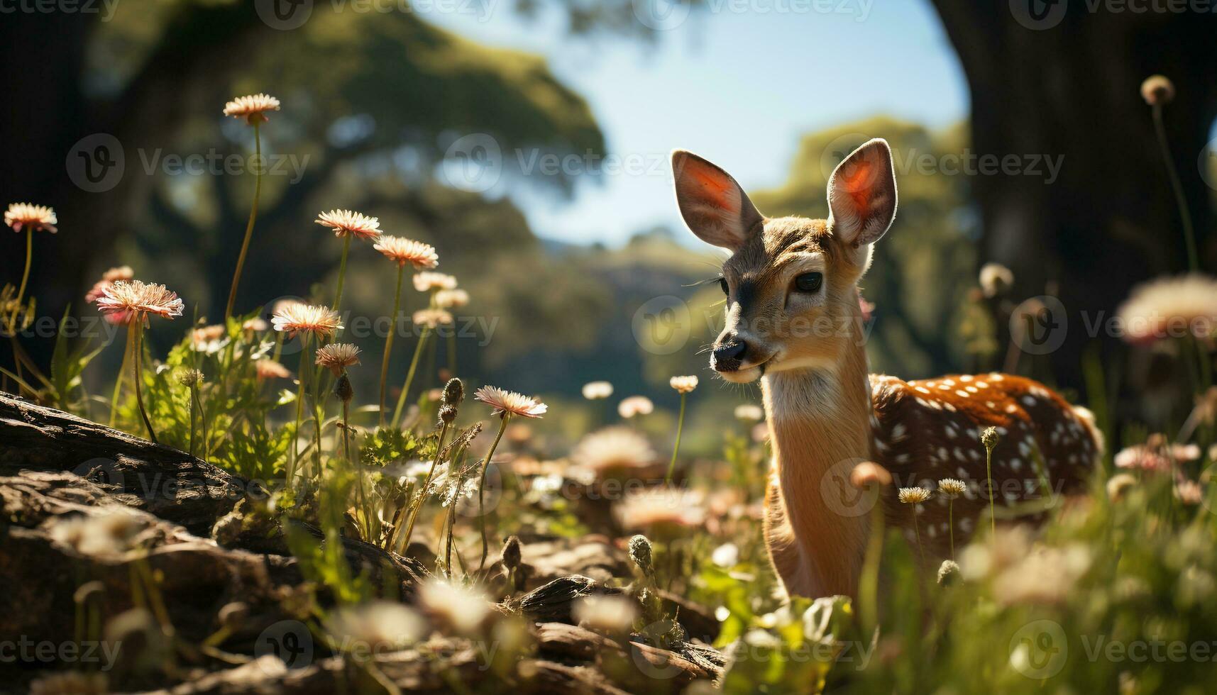 Cute deer grazing in meadow, surrounded by wildflowers and greenery generated by AI photo