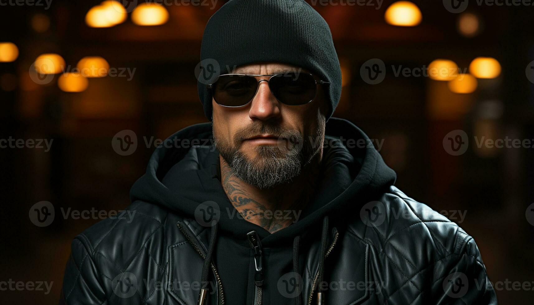 Confident man in sunglasses, fashionable jacket, looking at camera generated by AI photo