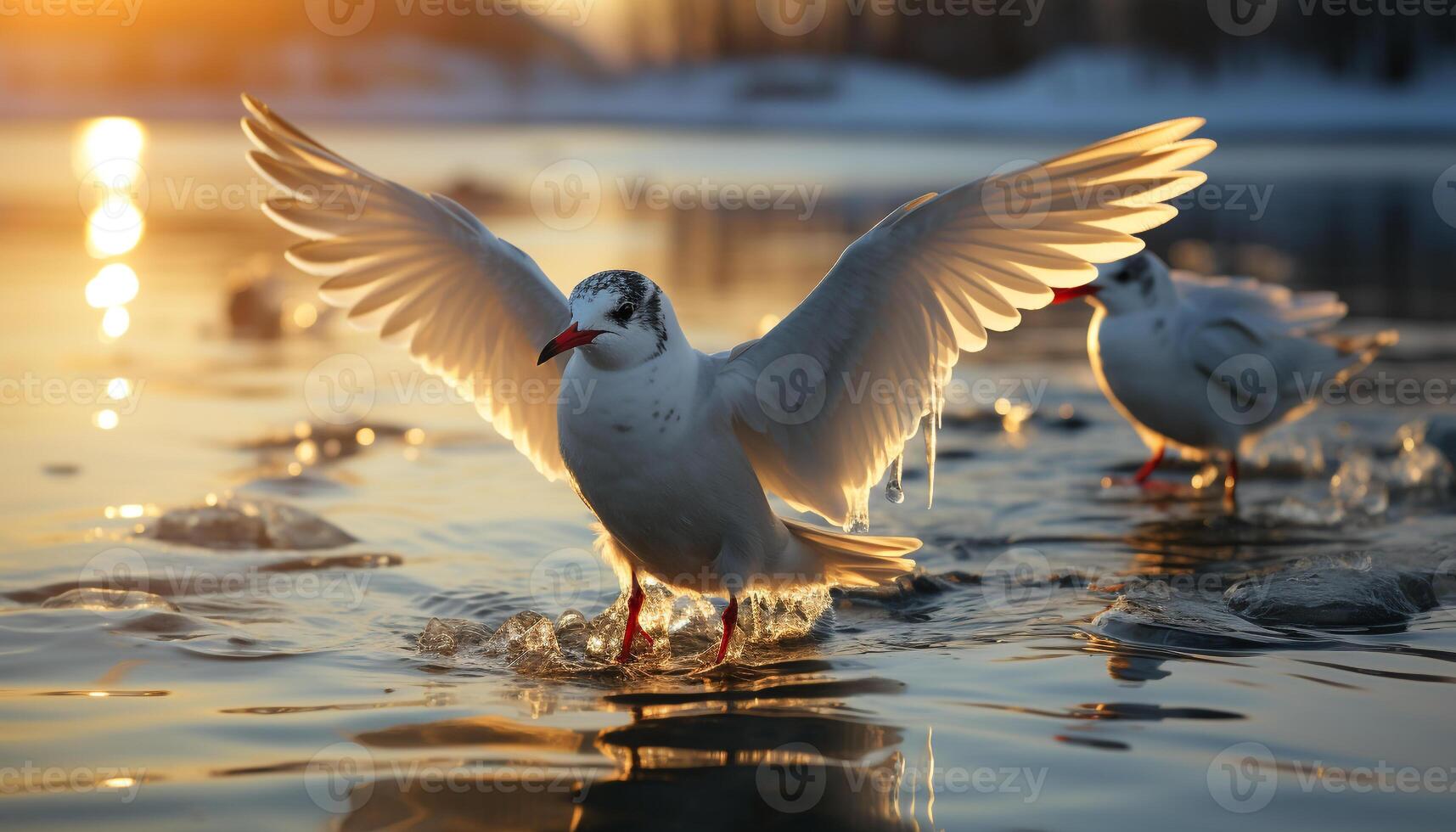 Seagull flying, beak spread, feathered wings, sunset tranquil beauty generated by AI photo